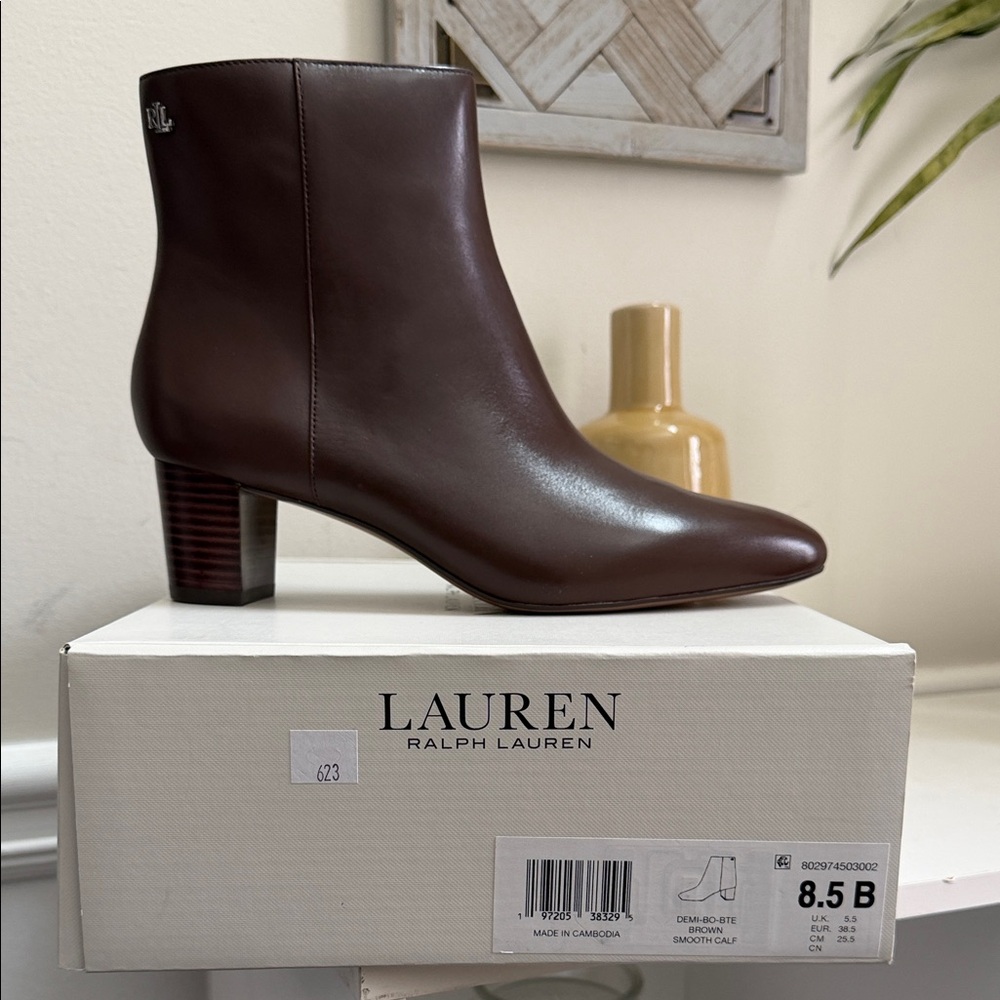 Lauren Ralph Lauren Demi Bootie Brown Calfskin Leather  Size 8.5